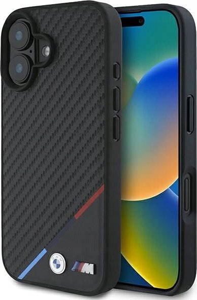 Kapsollë telefoni BMW M Carbon Tricolor Line, MagSafe, për iPhone 16, e zezë