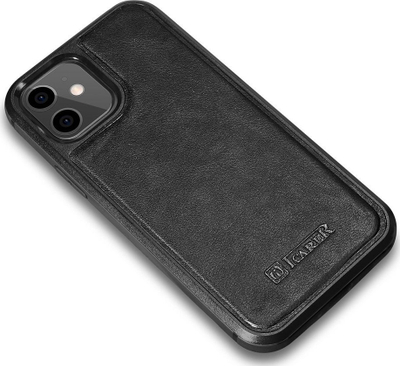 Këllëf telefoni ICarer Leather Oil Wax për iPhone 12 mini, lëkurë e vërtetë, i zi