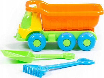 Set lodrash me rërë Polesie Auto Plus 57051, kamion me dump, lopatë edhe grusht, shumëngjyrësh