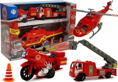 Set lodrash zjarrfikës Lean Sport Fire Department, helikopter dhe motor, me drita edhe zë, i kuq