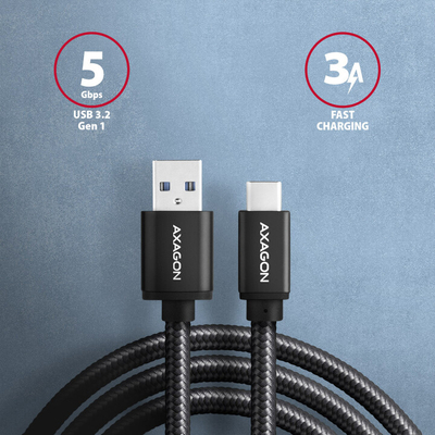 AXAGON кабел USB-A - USB-C SPEED USB3.2 Gen 1, 3A, плетенка, 2m, црна