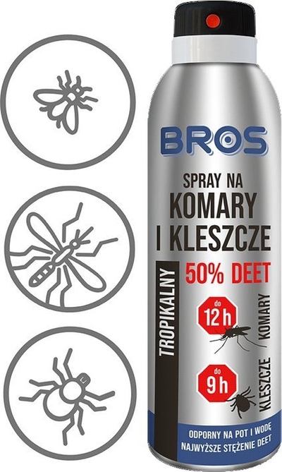 Sprej kundër mushkonjave dhe rriqrave Bros, 50% DEET, mbrojtje deri 12 orë, 90ml