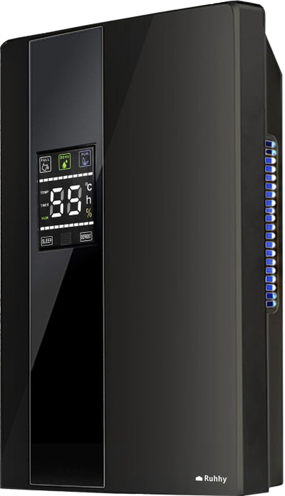 Dehumidifikues ajri Ruhhy me pastrues ajri, panel dixhital, me telekomandë, i zi