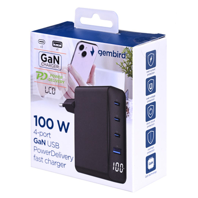 Karikues rrjeti Gembird 4 Port Fast GaN PD, 100W, 3x USB C 1x USB A, i zi