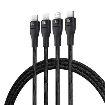 Kabllo karikimi Baseus Flash3 3 në 1, USB‑C në C C Lightning, 100W 1.5m, e zezë