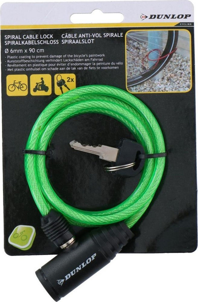 Катанец за велосипед Dunlop спирален, челично јаже 6mm, 90cm, зелен