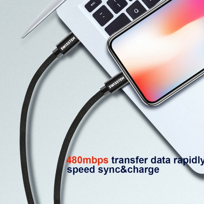 Kабел за полнење Swissten Textile, USB во Micro USB, 3 m, 3A, црн