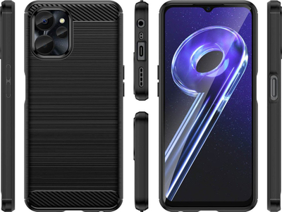Kllëf telefoni Hurtel Carbon Case për Realme 10 5G dhe 9i 5G, silikoni i butë, pamje carbon, i zi