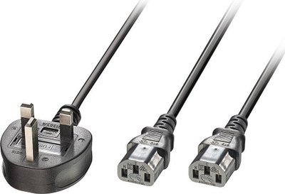 Kabllo zgjatues Lindy, 2.5 metra, spinë britanike UK 3-pin në 2x IEC C13, i zi