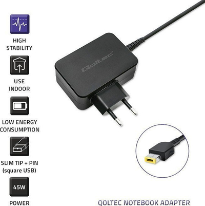 Adaptues karikues për laptop Qoltec për Lenovo, 45W, 20V 2.25A, slim tip me pin, i zi