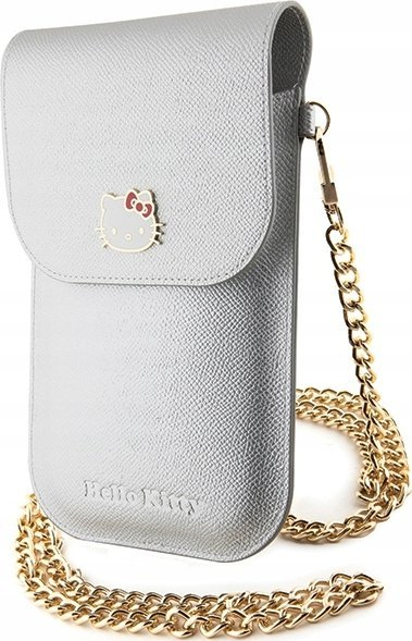 Çantë univerzale telefoni Hello Kitty Leather Metal Logo Chain, me zinxhir, argjendi