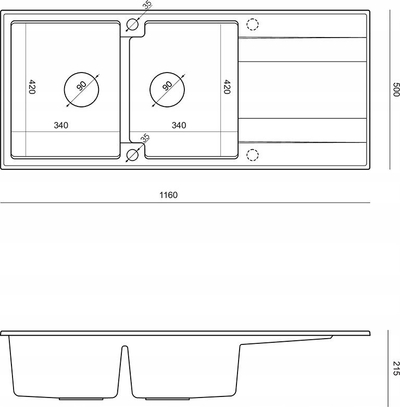 Lavaman kuzhine GraniteQ EVAN 121, 2 vasketa, 1160x500x210 mm, pure carbon me elemente bakri