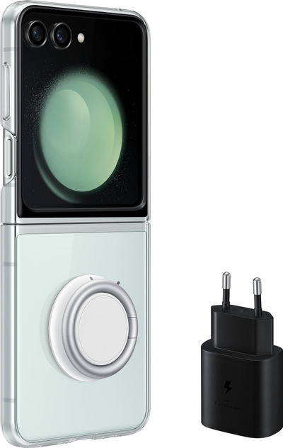 Set aksesorësh Samsung Starter Pack EF-XF73KKTEGWW, kllaf transparent për Galaxy Z Flip5, karikues 25W, transparent