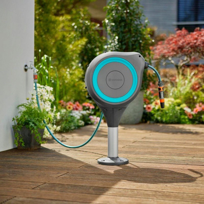 Tambur automatik për zorrë uji Gardena RollUp M, 20 m, montim në tarracë, ngjyrë turquoise
