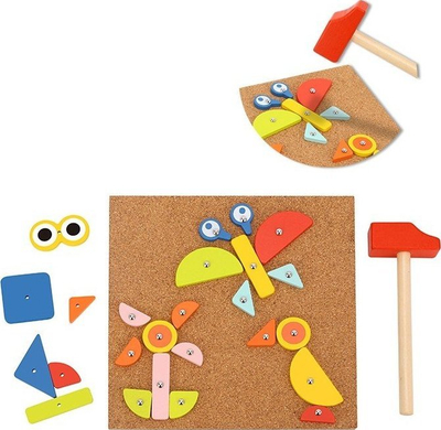 Lodër druri Montessori Woopie Green Cork Hammering Set, dërrasë tapë, forma me ngjyra