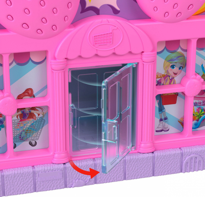 Set lodrash Polly Pocket Pollyville Fresh Market, 2 kukulla mikro, 12 aksesorë, shumëngjyrësh