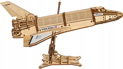 Puzzle druri Ugears NASA Space Shuttle Discovery, model mekanik 3D, shkalla 1:96, ngjyrë druri natyrale