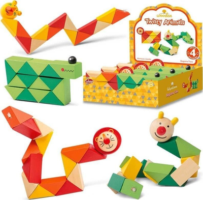 Lodër druri fidget Wooden Twisty Animals, blloqe që rrotullohen, fleksibël, shumëngjyrëshe