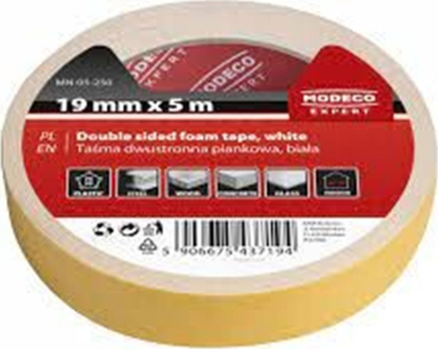 Shirit ngjitës dyanësh Modeco Expert MN-05-252, me shkumë PE, 19mm x 1.5m, i bardhë