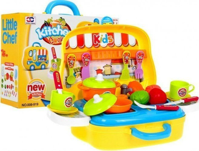 Lodër kuzhinë për fëmijë Little Chef, set valixhe, me enë dhe perime plastike, shumëngjyrëshe