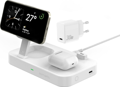 Stacion karikues wireless 4smarts Qi2 Trident, 25W, për telefon, smartwatch dhe kufje, i bardhë
