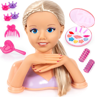 Lodër kokë stilimi Bayer Doll, flokë të gjata, me aksesorë bukurie, me shumë ngjyra