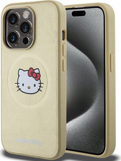 Mbrojtëse MagSafe Hello Kitty Leather Kitty Head për iPhone 15 Pro Max, lëkurë eko, e artë