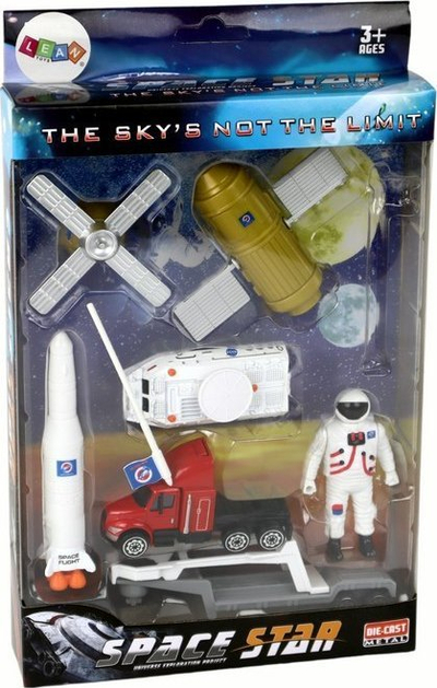 Set lodrash hapësinore Kosmic, raketë dhe kamion transportues, figurina astronauti, shumëngjyrësh