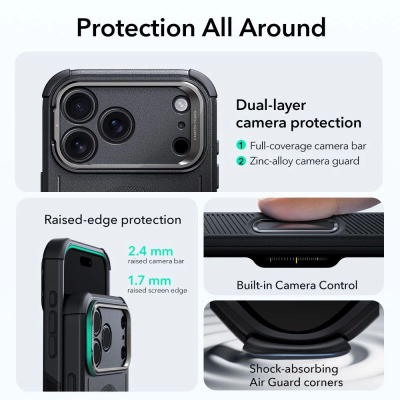 Mbrojtëse telefoni ESR Cyber Tough Magnetic, për iPhone 17 Pro Max, MagSafe, me Stash Stand, ngjyrë e zezë