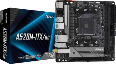 Матична плоча ASRock A520M-ITX/AC, AMD A520, Socket AM4, 2 слотови, Bluetooth / Wi-Fi 5, Mini ITX