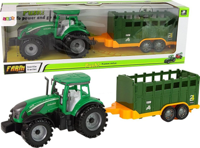 Lodër traktor Leantoys me rimorkio, me mekanizëm fërkimi, plastikë, jeshil
