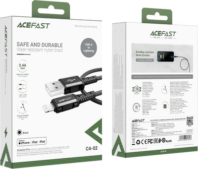 Kabllo USB Acefast USB A në Lightning, 1.8 m, 2.4A, e zezë