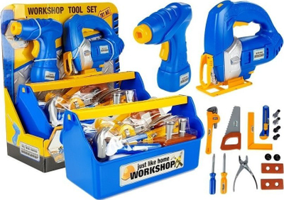 Set lodrash veglash për fëmijë Tool Set Box For Handyman, shumë pjesë, kuti plastike, shumëngjyrëshe