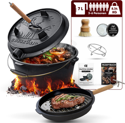 Set tenxhere gize GUSSKÖNIG Dutch Oven GK-3, 7L, me këmbë, i zi