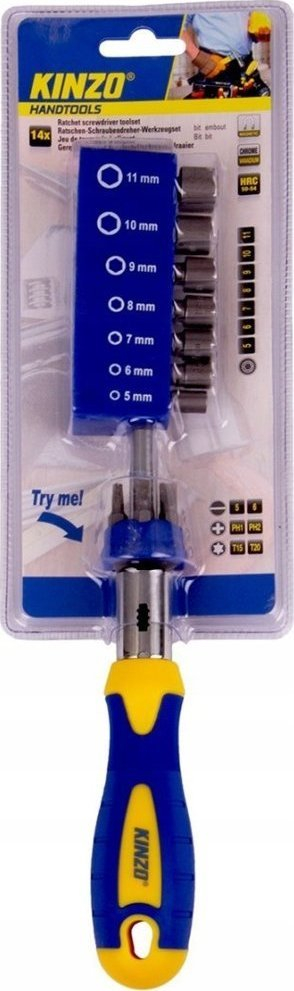Set veglash KINZO 54204, 14 copë, kaçavidë ratchet me bita dhe koka, blu verdhë