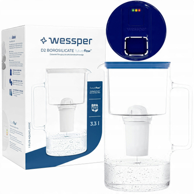 Kanna filtrimi xhami Wessper D2 Futureflow, 3.3L, me numërues LED, blu