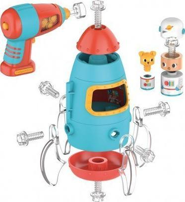 Играчка за градење Educational Insights Design &amp; Drill Bolt Buddies Rocket, со електрична вежба, со фигурини на астронаут и кученце, многуобоени