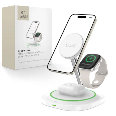 Bаза за безжично полнење Tech-Protect QI15W-A46, 3 во 1, MagSafe 15W, бела