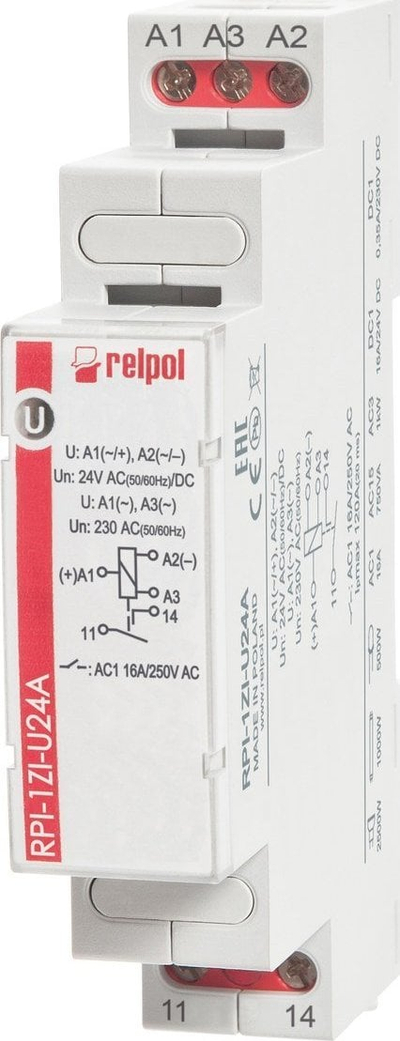 Електромагнетно реле Relpol RPI-1Z-U24A, 1NO 16A, 24VAC/DC или 230VAC, AgSnO2