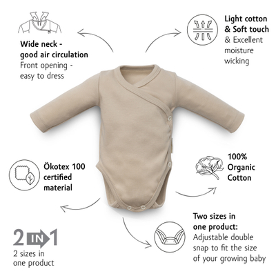 Body bebe Kenguru Gold Hazelnut, 100% pambuk organik, manga të gjata, bezhë, 44-50