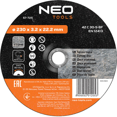 Disk prerës gurësh NEO Tools 57-725, 230 x 3.2 x 22.2 mm, për punë nastrad, portokalli