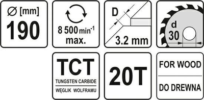 Лист за кружна пила Јато YT-60488, Ø190mm 20T, отвор 30mm, метален