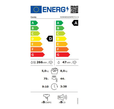 Lavatrice tharëse Candy ROW4856DWMCT/1-S, 8kg 5kg, 1400RPM, klasa A, e bardhë