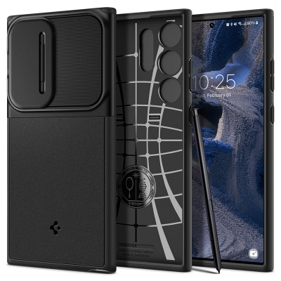 Mbrojtëse për ceular Spigen Optik Armor për Samsung Galaxy S23 Ultra, e zezë