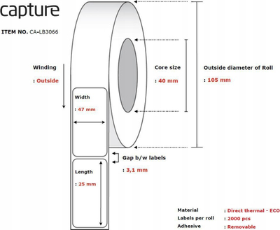 Rrotull letre termike Capture CA LB3066, për printer etiketa, e bardhë