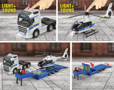 Set lodrash policie Majorette Volvo Truck edhe Airbus Helicopter, me drita edhe zhurma, 3 vjeç e lart, shumëngjyrëshe