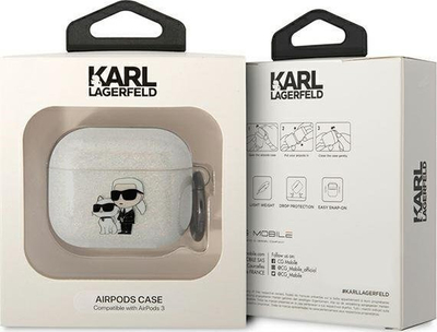 Mbulesë Karl Lagerfeld KLA3HNKCTGT për AirPods 3, Glitter e tejdukshme, me varëse Karl &amp; Choupette