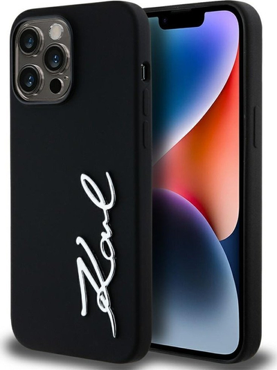 Мобилен заштитен капак Karl Lagerfeld Silicone Metal Script Logo за iPhone 14 Pro Max, силикон, црн