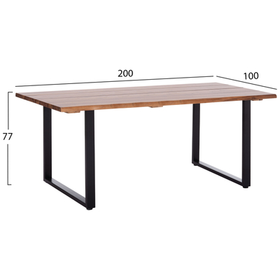 Tavolinë ngrënieje për jashtë Friggo HM6298.01, dru akacie, 200x100x77 cm, këmbë metalike e zezë