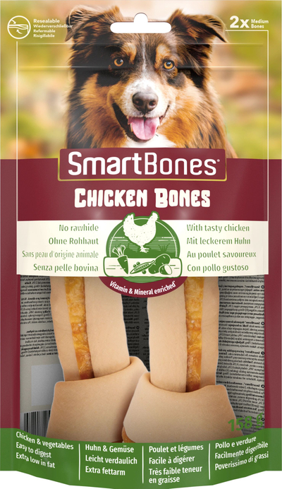 Kocka përtypëse për qen SmartBones Chicken Bones Medium, pa lëkurë, 2 copë